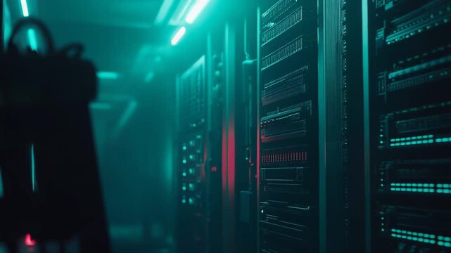 Server racks with glowing blue and red lights lining a dark data center, symbolizing cloud computing, secure digital storage, networking infrastructure and modern it operations