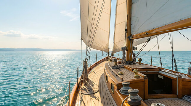 A beautiful wooden sailboat glides across a calm, sun-drenched sea under full sail