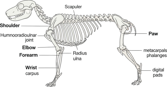 Anatomy diagram showing the skeletal structure and bone labels of a dog side view