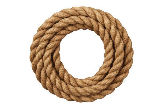 Coiled natural fiber rope forming a ring, circular frame design for nautical marine themed projects, transparent background