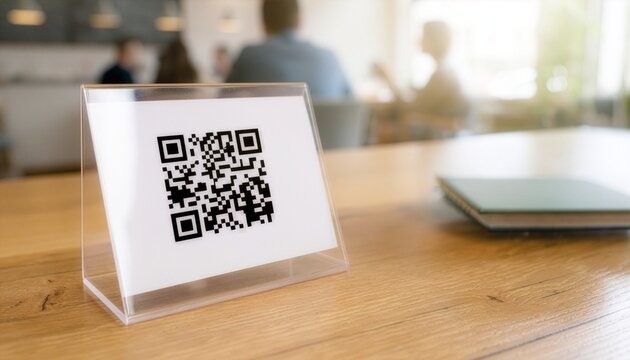 QR code paper on wooden table in a cozy cafe for ordering.