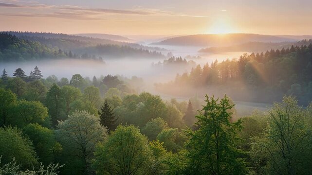 Sunrise over misty forest with vibrant green trees and soft natural light awakening nature