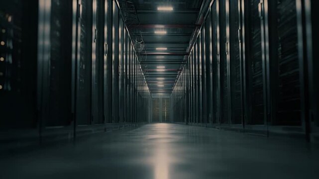 Server room corridor with rows of black server racks, illuminated by ceiling lights, creating a cool, industrial atmosphere for digital infrastructure and information technology solutions