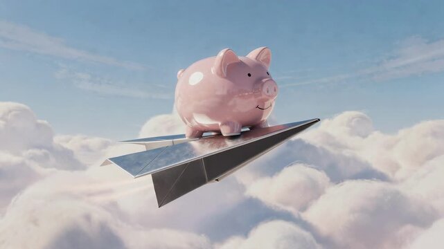 Cheerful piggy bank flying on shiny paper airplane through fluffy clouds financial freedom concept