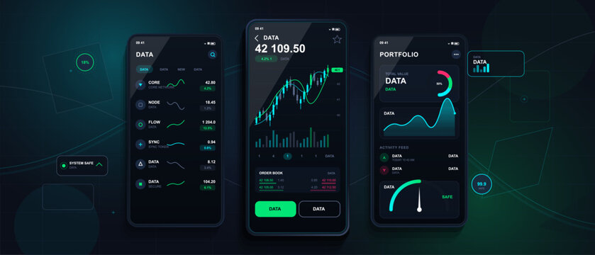 Dark mobile trading dashboard with analytics charts