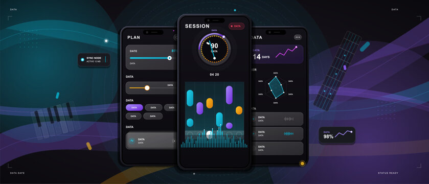 Dark mobile dashboard interface with colorful analytics