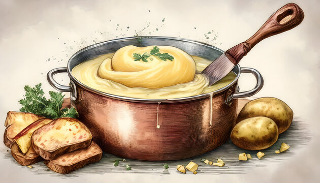 Vintage copper pot filled with creamy mashed potatoes