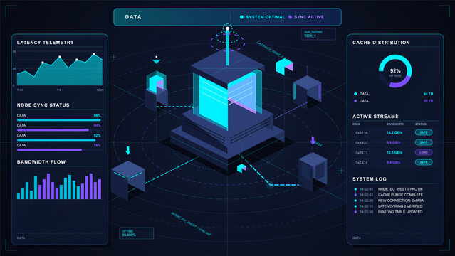 Futuristic data dashboard with network telemetry panels