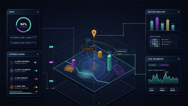 Futuristic network analytics dashboard with anomaly map