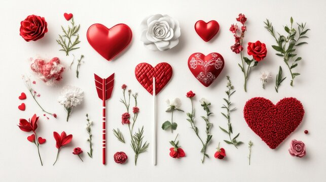 Flat lay of red and white hearts, flowers, and arrow on white background.