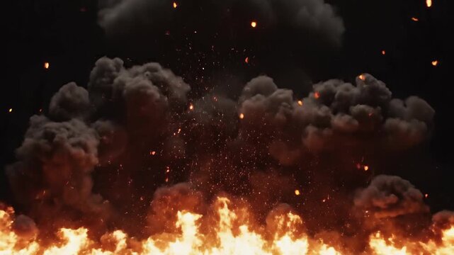 Ledakan Api Dramatis di Latar Gelap. Gambar menampilkan ledakan besar dengan semburan api, percikan pijar, dan asap tebal pada latar belakang hitam, menciptakan suasana intens yang cocok untuk kebutuh