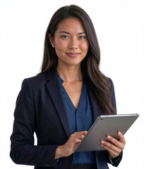Fototapeta premium Professional businesswoman in navy suit using digital tablet modern technology and corporate concept