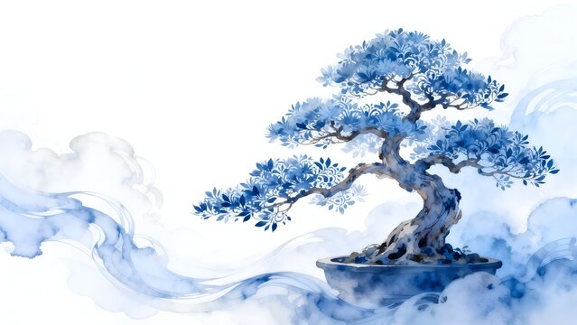 Blue bonsai tree with watercolor clouds
