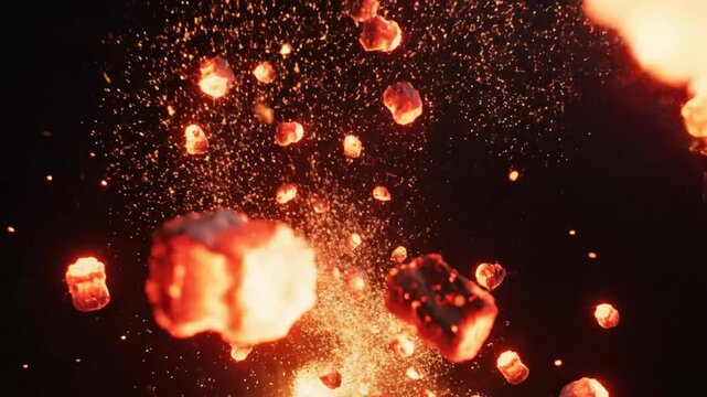 Glowing hot embers and fiery sparks exploding in a dark void