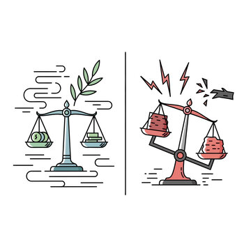 Balance scales comparison: good versus bad, conflict concept vector