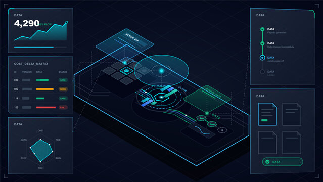 Futuristic data workflow dashboard with analytics panels