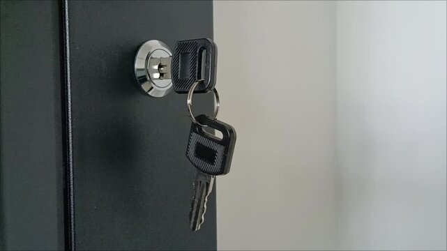 Close-up of metal keys inserted into a black door lock. Concept of home security, property access, real estate and privacy protection.