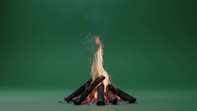 Campfire blazing with smoke and embers against a solid green background, perfect for overlays