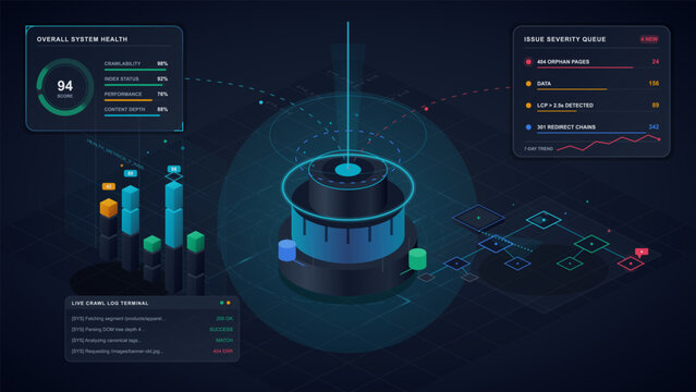 Website audit analytics dashboard with system health metrics
