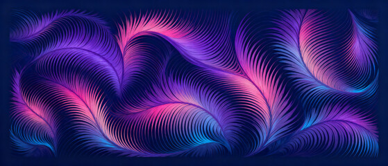 Obraz premium Abstract digital artwork with wave-like patterns of vibrant purple and pink feathers on a dark background