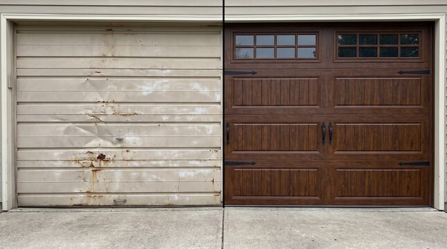 Old Dented Garage Door Transformed into New Modern Wood Design