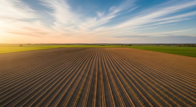 Aerial view of a vast agricultural field with parallel furrows during a golden hour sunset under a blue sky with wispy clouds