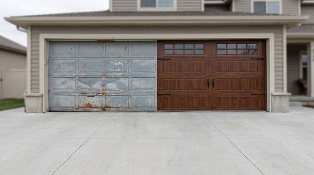 Before and After Renovation of Old Rusty Garage Door to Modern Wood Style