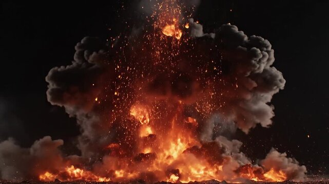 Ledakan Api Dramatis Malam Hari. Gambar menampilkan ledakan besar dengan bola api terang, percikan pijar yang menyebar ke segala arah, serta latar gelap yang menonjolkan efek energi tinggi; cocok untu