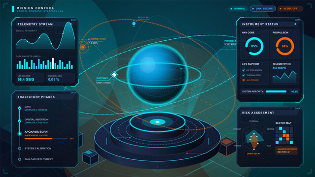 Orbital mission control dashboard with telemetry data