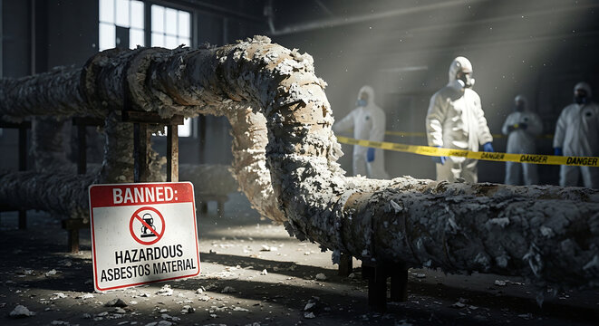 Professional asbestos remediation team in hazmat suits inspecting hazardous old pipe insulation with a banned material warning sign in an industrial factory setting