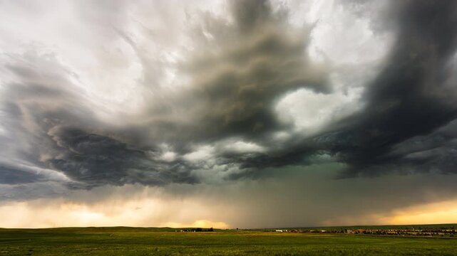 Menacing storm front moving over landscape with dark cloud layers
