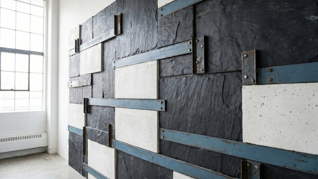 Industrial Style Wall Cladding
&ldquo;Industrial interior wall cladding made of textured stone and concrete rectangles, layered geometric composition, dark charcoal and white tones with muted blue strips, r