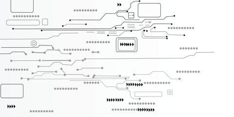 Minimal white technology background with black circuit lines and HUD interface elements, abstract digital network layout, modern hi tech banner design © MdRoni