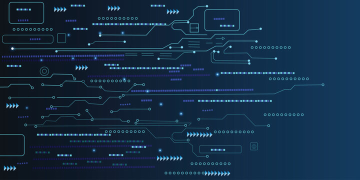 Futuristic blue digital interface with abstract HUD elements, data lines and circuit connections on dark gradient background, hi tech cyber technology banner