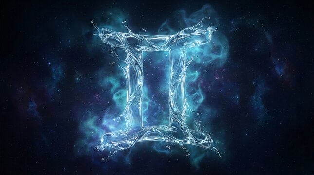 Celestial symbol glows in cosmic swirls of blue and violet light. Energy flows through the zodiac sign, pulsing with divine presence. Stars dot the dark void behind, adding mystery and depth