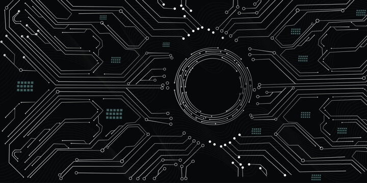 Futuristic black technology background with white circuit board lines and circular HUD interface, abstract digital network motherboard design banne
