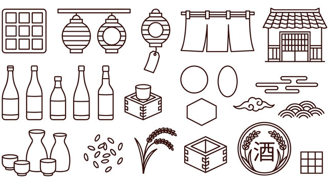 Traditional japanese sake culture icon set with bottles and cups.