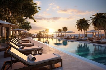 Fototapeta premium Tropical resort with an infinity pool and empty loungers at sunset