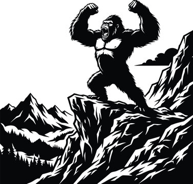 Roaring gorilla on mountain peak under crescent moon vintage style