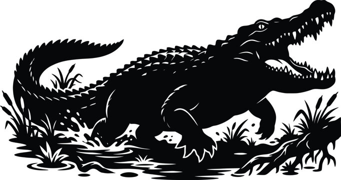 Aggressive alligator illustration in black and white