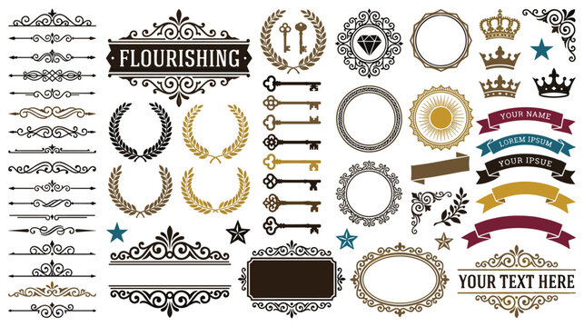 Collection of vintage royal frames keys crowns and floral ornaments.
