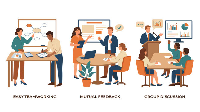 This vibrant depiction illustrates various teamwork activities including easy collaboration, mutual feedback, and engaging group discussions, showcasing effective workplace dynamics among professiona