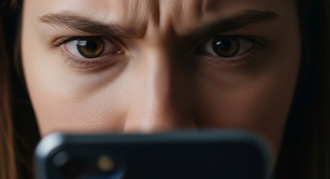 Frustrated young woman intensely focused on her smartphone screen, reacting with clear displeasure and concern to content, displaying a furrowed brow and worried eyes