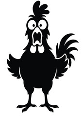 Shocked black silhouette rooster with wide eyes and open beak farm animal raised arms tail feathers graphic resource domestic animal silhouette © MOSAREFHOSSEN