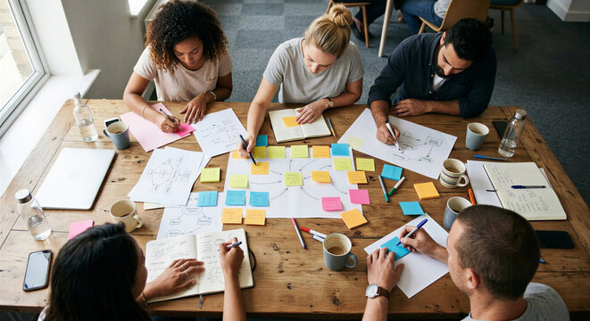 Top view of a creative diverse team brainstorming ideas with sticky notes on a wooden table.