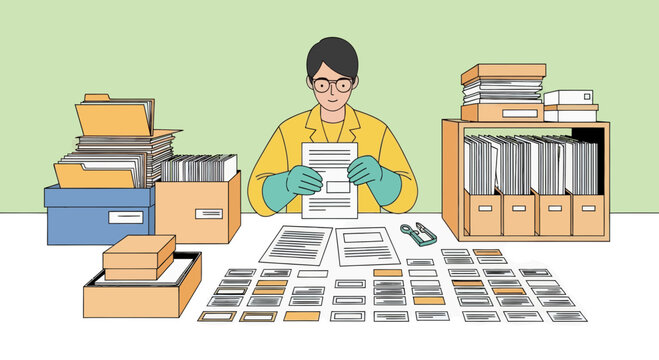 Archivist organizing documents and files at a cluttered desk