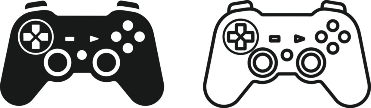 Black and white video game controllers with buttons and joysticks