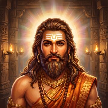 Lord Parshuram Divine Portrait in Temple Glow &ndash; Spiritual Warrior Sage with Radiant Aura and Trishul Symbol