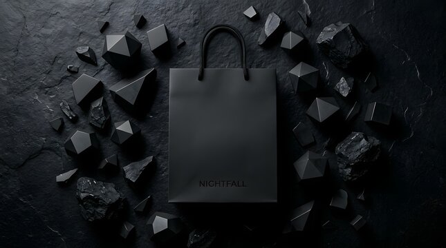 Black shopping bag with nightfall branding surrounded by black stones