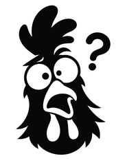 Confused black silhouette rooster head with question mark farm animal black and white domestic animal male chicken funny animal confused face © MOSAREFHOSSEN